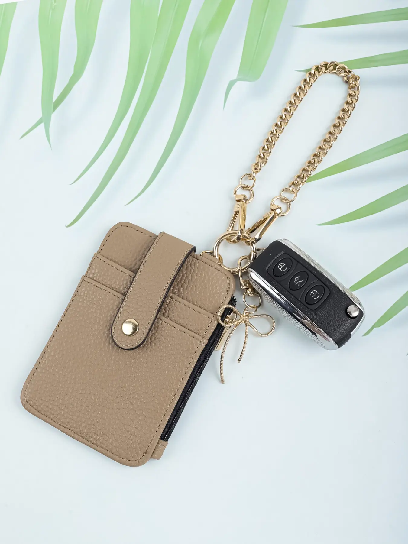 PU Leather Card Holder Wallet with Keychain, Durable Fashion Wallet, Mini Wristlet Coin Purse, ID Card & Car Key Organizer, Textured Soft Leather, Gold/Silver Chain with Bow Charm, Compact, Portable, Chic Accessory for Women, Purple/Brown