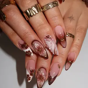 24pcs Medium Almond French Tip Press-On Nails, 3D Gel Floral Design Flower Nails with Small Gems, Pearls and Nail Charms, Glossy Acrylic False Nails for Women