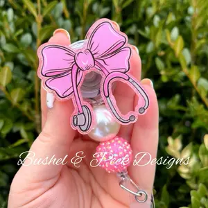 Pink stethoscope Coquette bow badge reel