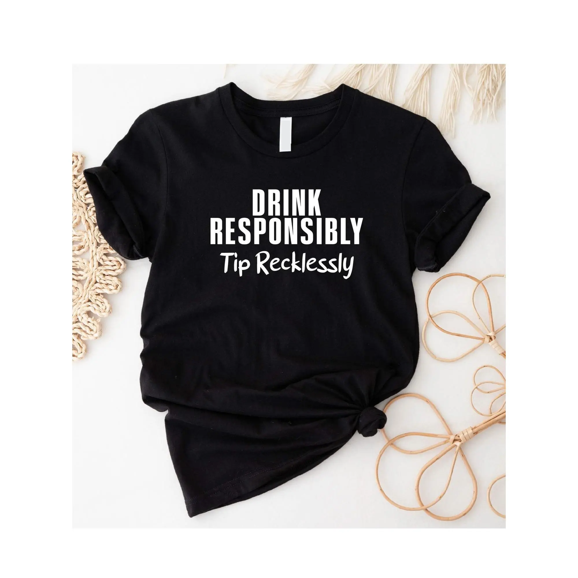 Women's Fitted Cotton Short-Sleeve T-Shirt - Chic Basic Round Neck Streetwear Top with 'Drink Responsibly Tip Recklessly' Digital Print, Machine Wash, All Seasons Casual Bartender Apparel