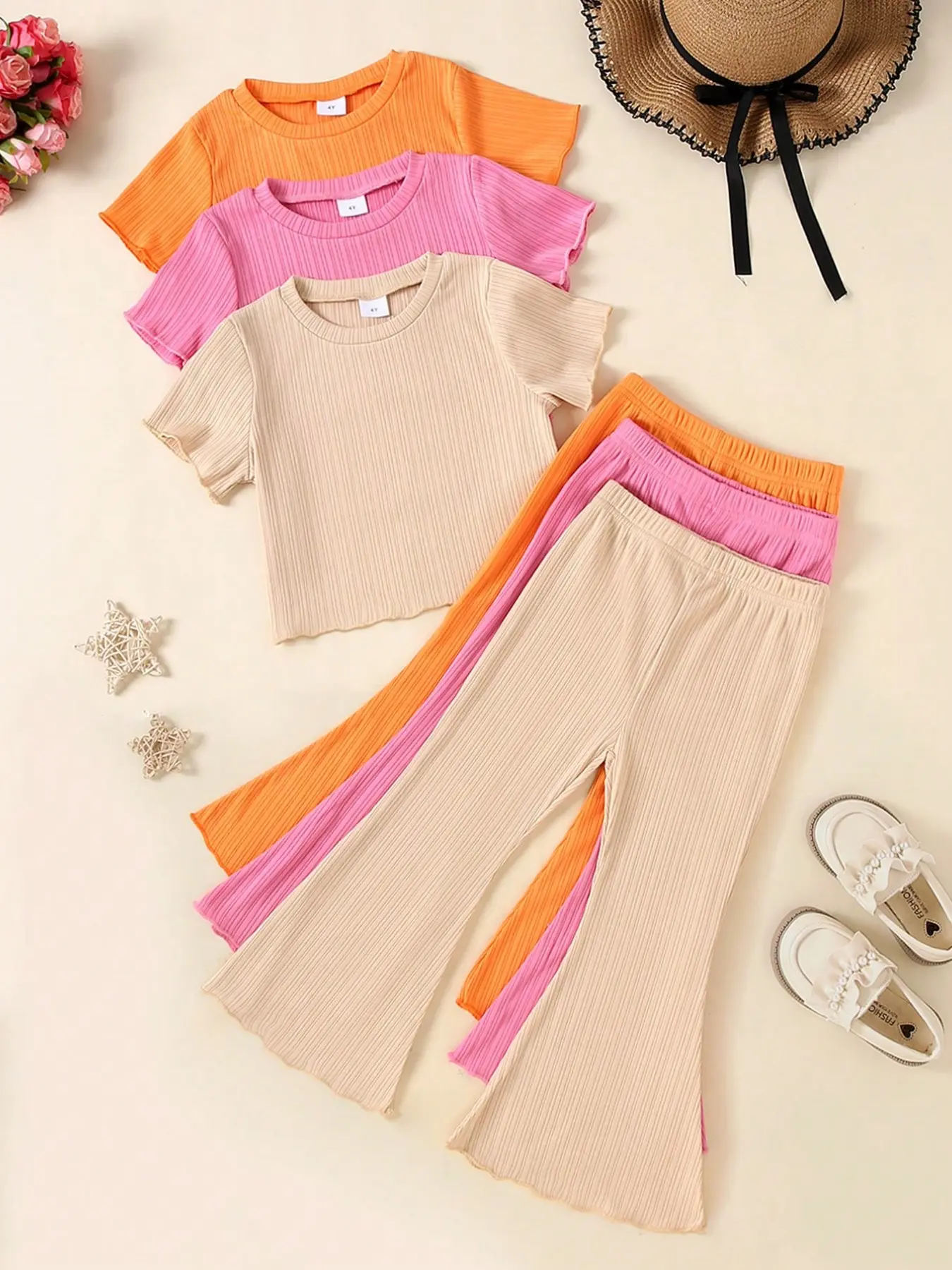 6-Piece Girls' Casual Clothing Set, Solid Color Pleated Soft Knit Short Sleeve T-Shirt & Bell-Bottom Pants, Ideal for Outdoor Wear, Spring & Summer