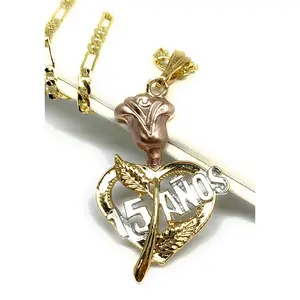 Gold Plated Tri-Color Rose 15 Años Quinceañera Pendant Necklace Chain 24”