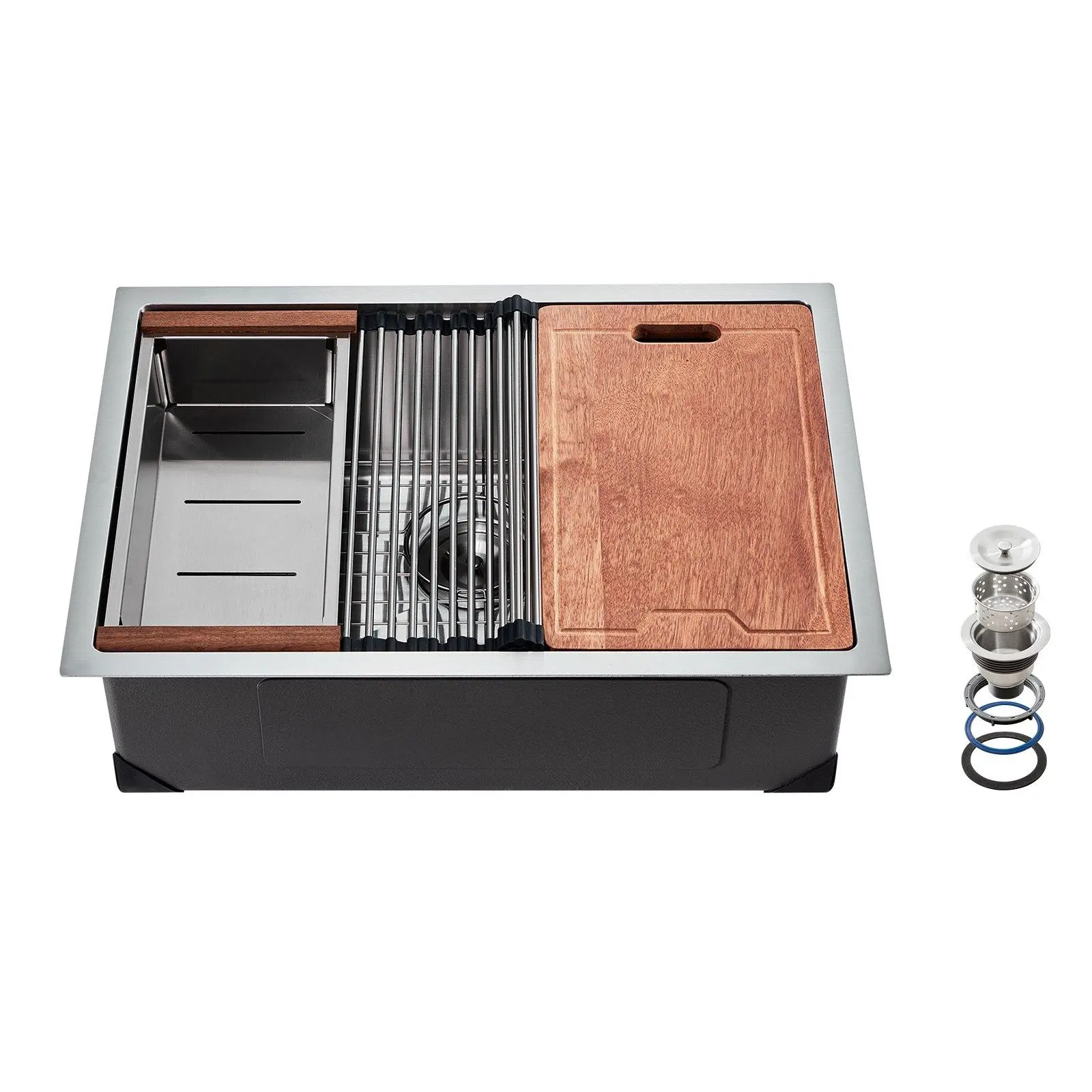 VEVOR 32" Stainless Steel Workstation Sink Set - Undermount/Top Mount Rounded Corners Modern Rectangle Design with Cutting Board, Rosewood Accents, Drying Rack for Bar Use (30x17 inch), Kitchen Sink Set