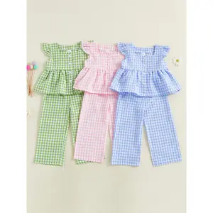 Toddler Kids Girls Plaid Clothes Set Flying Sleeve Button Up A-line Tops Pants Summer Outfits