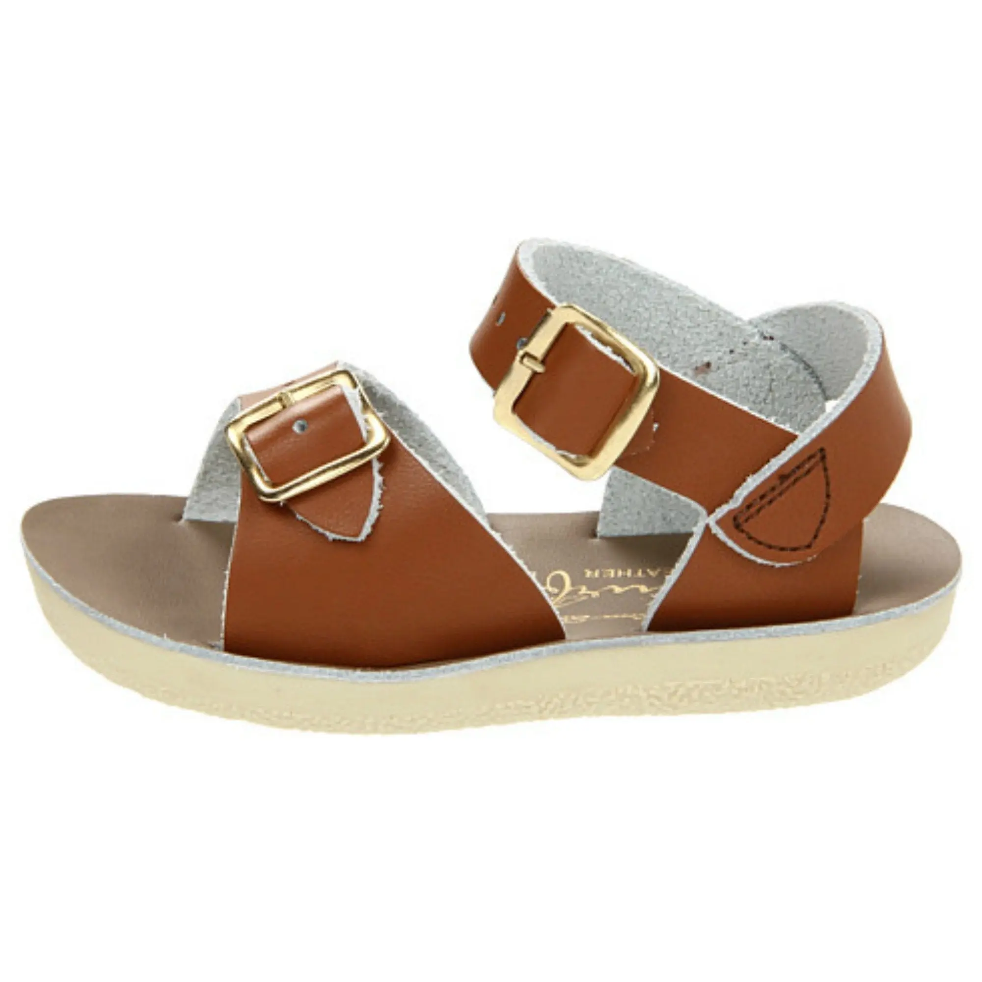 Kids' Rich Tan Leather Look Childrens Sandals - Sun-San Real Leather Beach Shoes with Secure Buckle