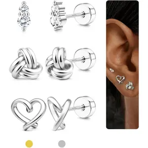 ZELORES Women's 3-Pair Gold-Plated Flatback Stud Earrings Set - Silver Flatback Posts, Heart Rhinestone Motif, Earcuff for Tragus/Cartilage Piercings, Minimalist Elegant Daily Wear Costume Jewelry