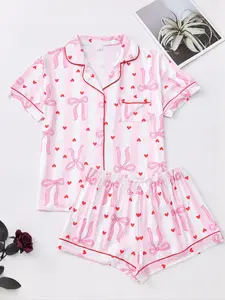 Valentine's Day Bow and Heart Print Pajama Set, Soft Silky Striped Short Sleeve Sleepwear, Women's Comfortable Nightwear