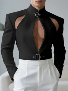 INCERUN  Men's Fashion Simple Plain Suit Jacket, Solid Color Long Sleeve Hollow Out Winter Coat, Casual Daily Wear