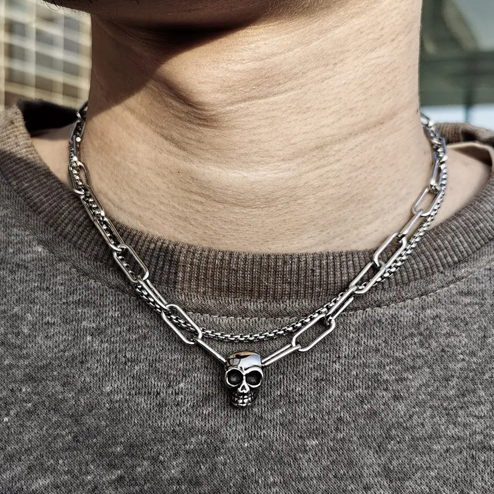 Double Layered Stainless Steel Box Cable Chain Skull Charm Choker Necklace for Men Toggle Clasp