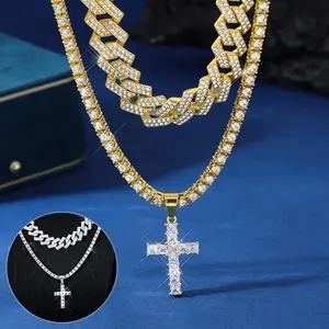 Cuban Chain Iced Zircon Cross Pendant Necklace for Men & Women Electroplated Gold/Silver Hypoallergenic Zinc Alloy Unique Design