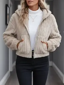 Women's Solid Color Pocket Zip Up Fuzzy Hooded Jacket, Casual Drop Shoulder Long Sleeve Outerwear for Fall & Winter, Ladies Clothes for Daily Wear, Coats, Tops, Womenswear