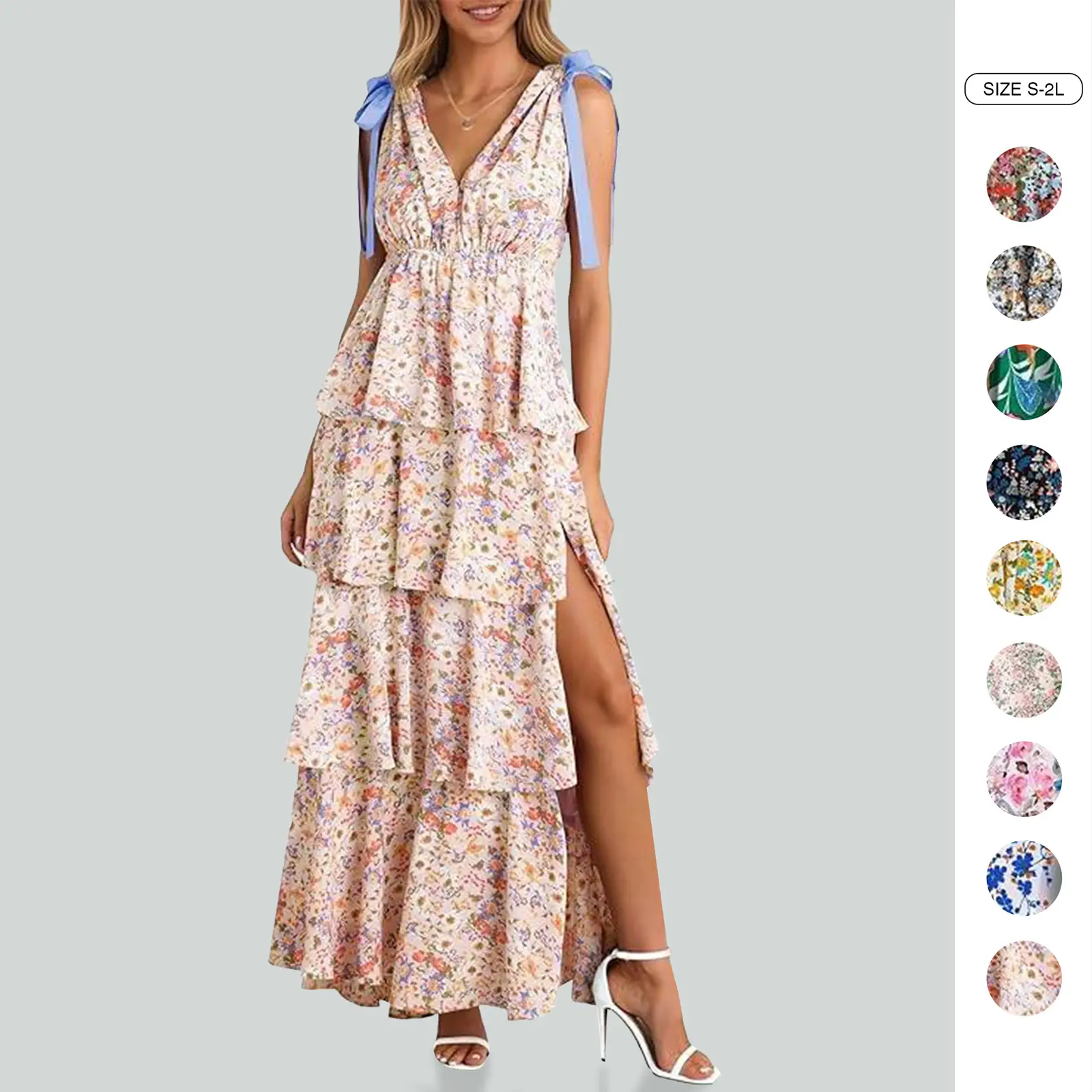 Wenrine Women’s Light, Comfortable Fit Elegant Summer Floral Maxi Dress - Tie Strap, Sleeveless, V-Neck, High Slit, Boho Ruffled Tiered, for Casual Wear Beach Occasions