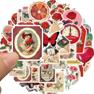Vintage Red Aesthetic Sticker, 50pcs/set Cute Retro Red Waterproof Vinyl Sticker Pack for Water Bottles Laptops Journal Scrapbook Guitar DIY Sticker