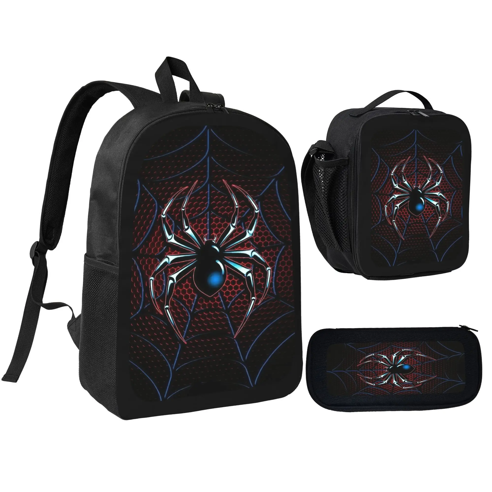 3PCS Spider Backpack Set for Boys & Girls, School Backpack with Lunch Bag & Pencil Case, Lightweight Bookbag for Elementary Middle School Travel