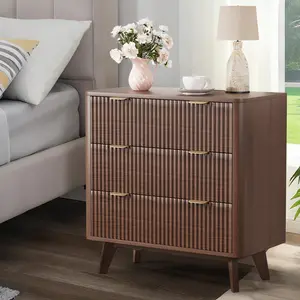 32" Width Modern Nightstands, Fluted Nightstand with Faux Marble Top, 3 Drawer Bedside Table, Large Nightstand for Bedroom, Living Room, Hallway, Curved Profile Design, Entryway