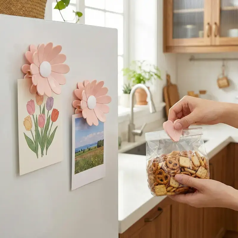 Fridge Magnetic chip clips （6 Bag Clips+1 Magnetic Base）Cute Food/Snack Sealing Clips - Cherry Blossom Bag Clips for Snack, Bread & Pet Food Storage, Fridge Organizer & Kitchen Decor Gift Utensils, upgrade packing