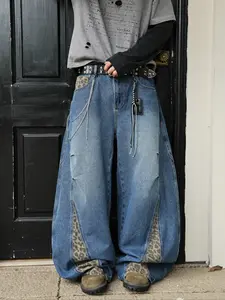 Four Seasons Men's Stylish Blue Leopard Print Patchwork Curved Blade Wide-Leg Jeans Trouser, American Streetwear Y2K Fashion Style, Oversized Loose-Fit Denim Pants
