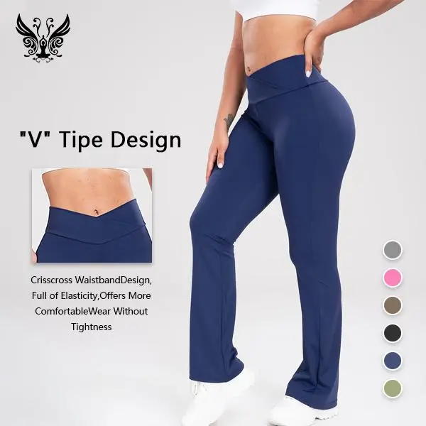 Yizhen Sports Women's Plain Navy High-Waist Flare Elastic Waist Leggings - High-Stretch, Soft Breathable Sporty Chic Athleisure Wear, Crisscross Detail, Seamless Bottoms for Fitness, Running Workout Outfit Inspo