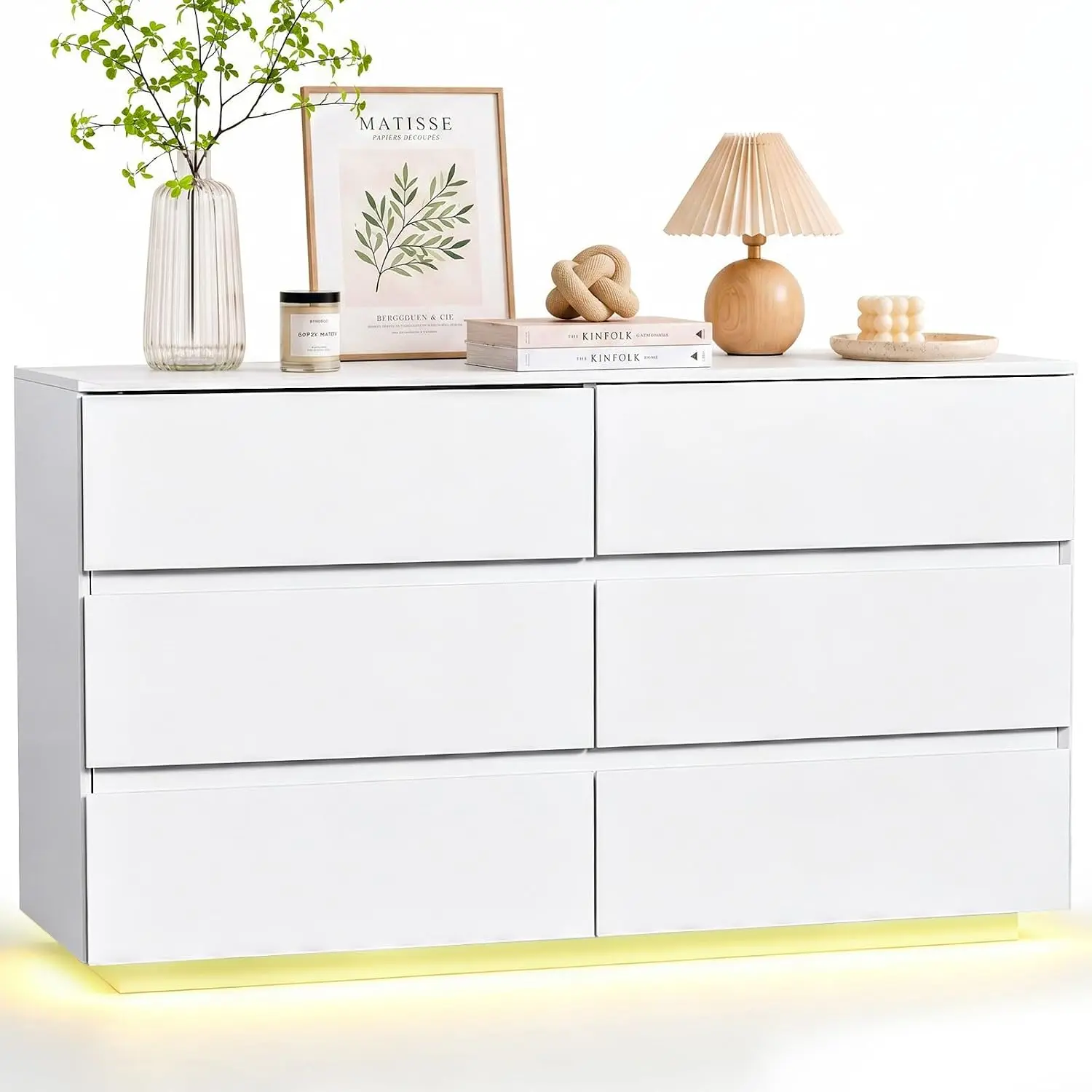 Karl home White 6 Drawer Dresser - Modern High Gloss Chest of Drawers for Bedroom, Wood Dressers with LED Light, Cut-Out Handles, Anti-Tipping Device, Living Room, Hallway, Entryway - 47.24-Inch