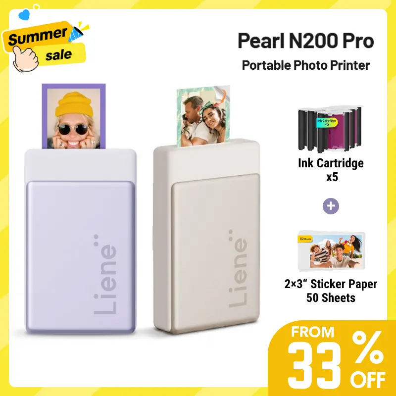 Liene Pearl N200 Pro Portable Photo Printer, Instant Mini Picture Printer for iPhone Smartphone, Thermal Dye Sublimation, Bluetooth Sticker Printer 50 Sheets 2x3 Adhesive Paper & 5 Cartridges, outdoor fun, SummerVibes, DealsForYouDays