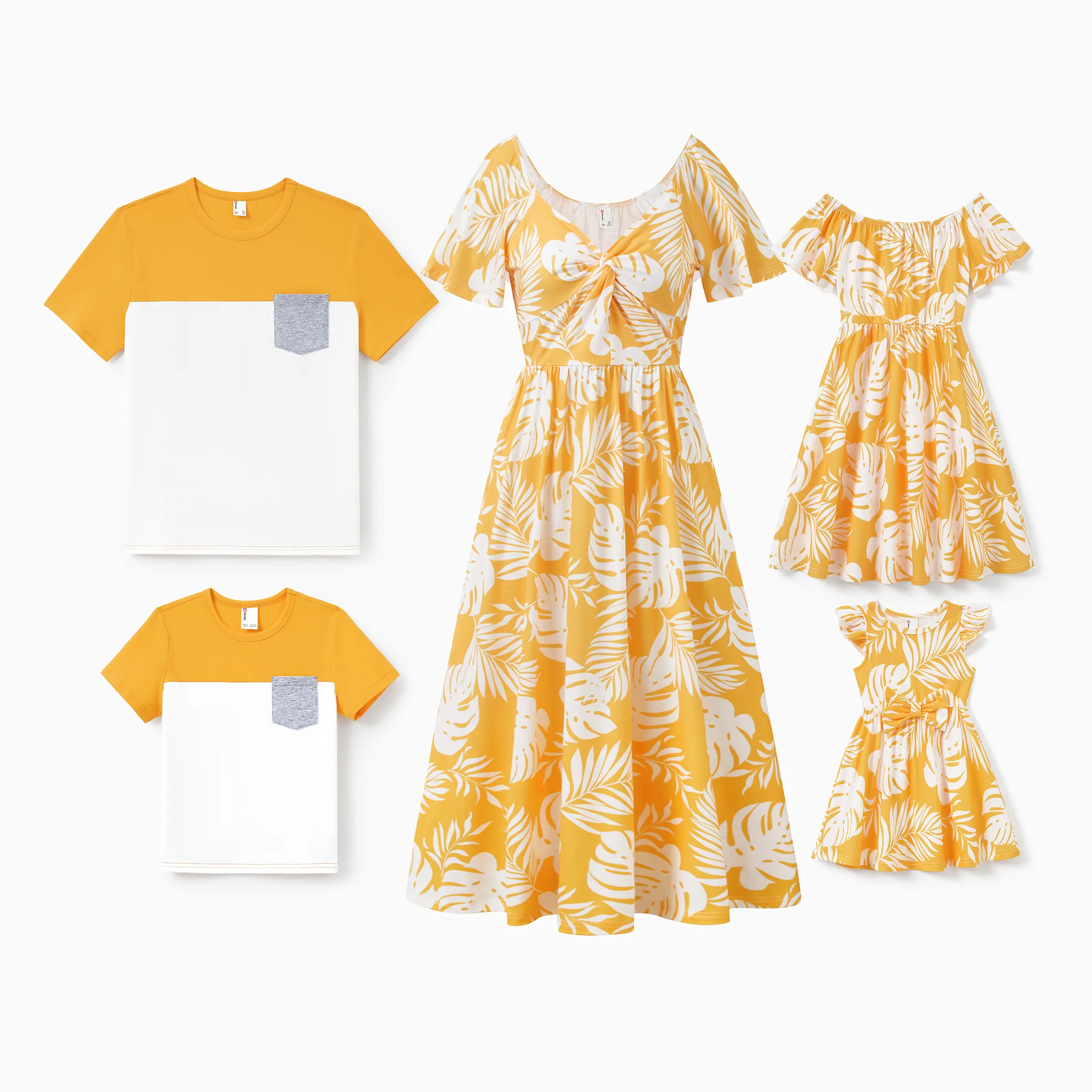 Family Matching Leaf Print Flutter Dress or Short-sleeve Colorblock Shirts