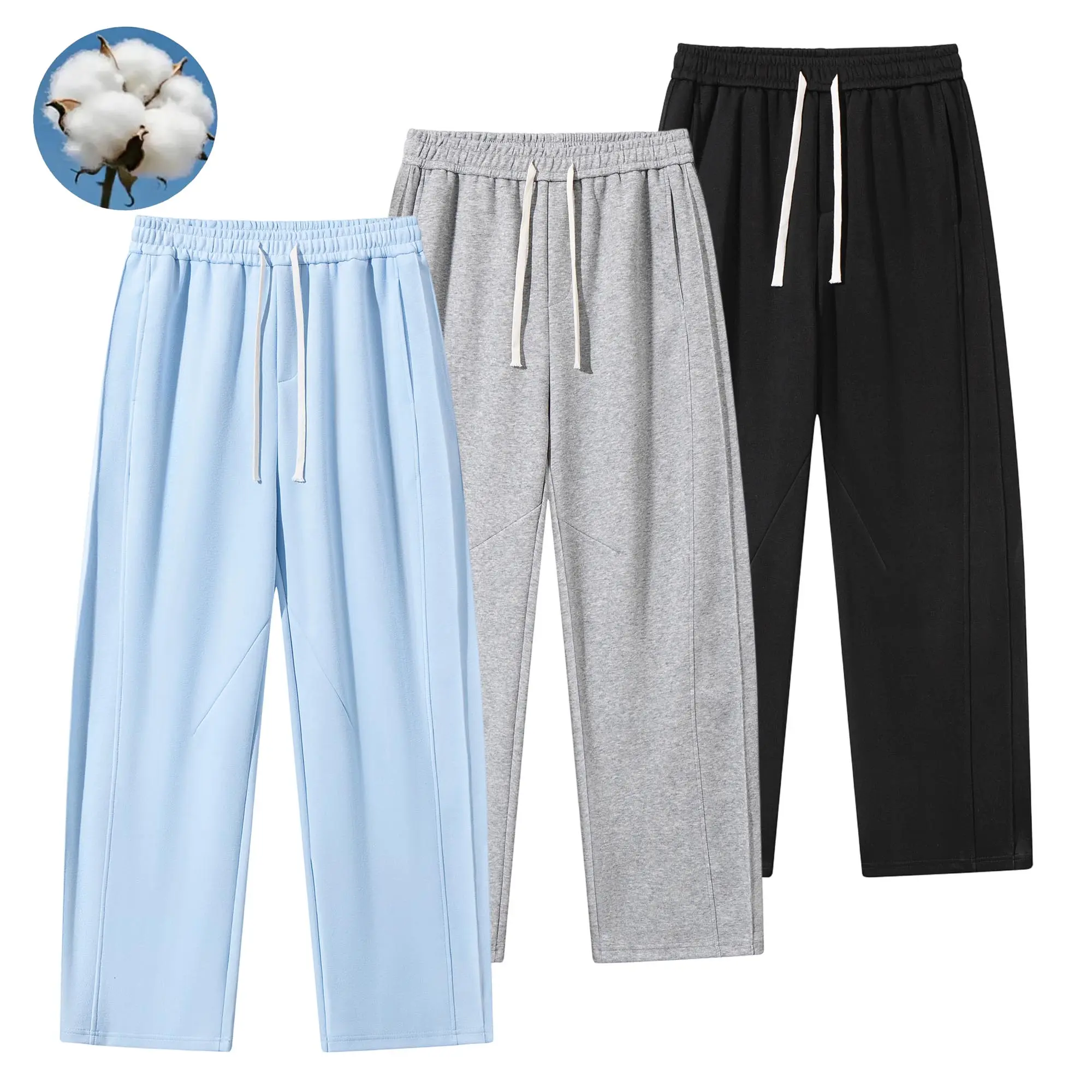 EKF men’s cotton straight-leg sweatpants featuring a split design and American-style drape; versatile basic streetwear athletic long pants for casual outings and everyday wear.