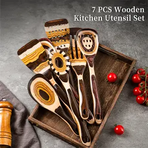 7-Piece Brown Pakkawood Utensils Set – Sturdy, Eco-Friendly, Wooden Spoons for cooking, Wooden Utensil for cooking, Wooden Kitchen Tool, Home & Kitchen Gifts for Men and Women