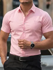 Men's Pink Slim Fit Elastic Short Sleeve Dress Shirt, Cross Embroidery Button Down Casual Top, Wrinkle-Free Formal Blouse for Office, Business and Daily Wear
