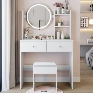[Bellemave] 17" Round LED Mirror Vanity Table + Soft Cushion Stool Suit, Large Mirror, Touch Switch, 3 colors Light, Adjustable Brightness, Large Desktop, Multi-layer High Capacity Storage
