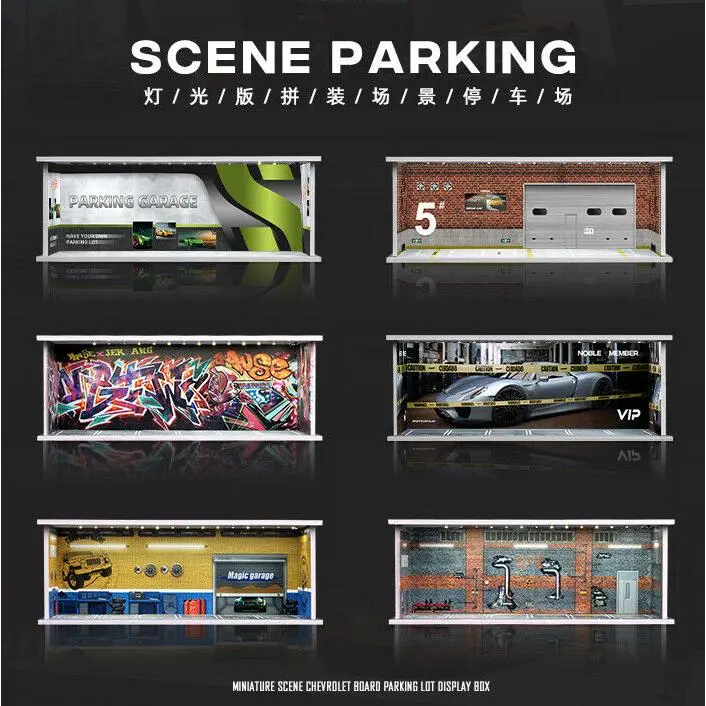 Diorama 1/64 Scale Car Garage Model LED Lighting City Parking Lot Model Maintenance Workshop Background Scene Model hot wheels