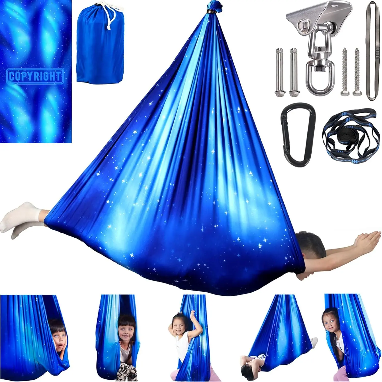 Sensory Swing for  Indoor/Outdoor Double Layer  Cuddle Swing with 360 Swivel Hanger Kit - Adjustable for  & Adult with Aspergers/ ( Blue)