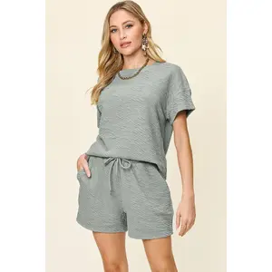 Double Take Full Size Texture Short Sleeve T-Shirt & Drawstring Shorts Set - Fitted Crewneck Casual Summer Outfit for Women