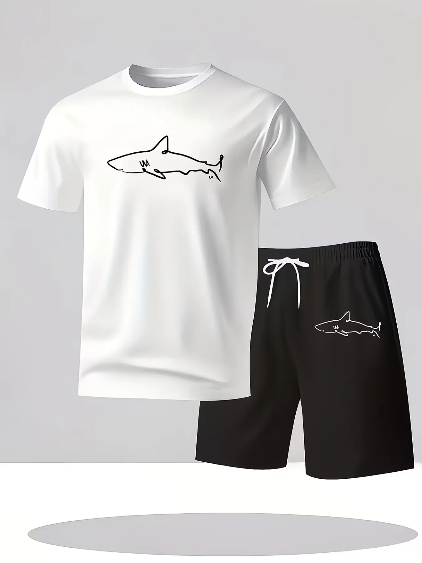 Beach Vacation Men's Short Sleeve Shorts Set, Trendy Print Quick-Dry Fabric Swimwear Two-Piece, Casual Fitted Long Top, Unlined Collarless Design, Menswear