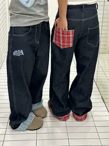 Jeans Y2k Unisex Clothes American retro plaid patchwork rolled edge women jeans high street Harajuku loose wide leg straight leg men and women pants
