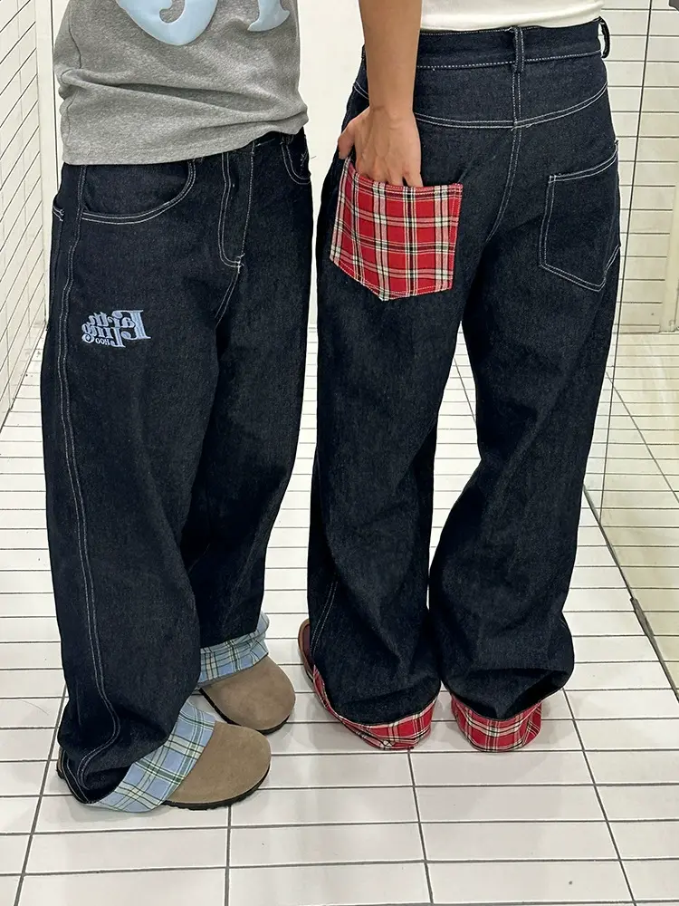 Jeans Y2k Unisex Clothes American retro plaid patchwork rolled edge women jeans high street Harajuku loose wide leg straight leg men and women pants