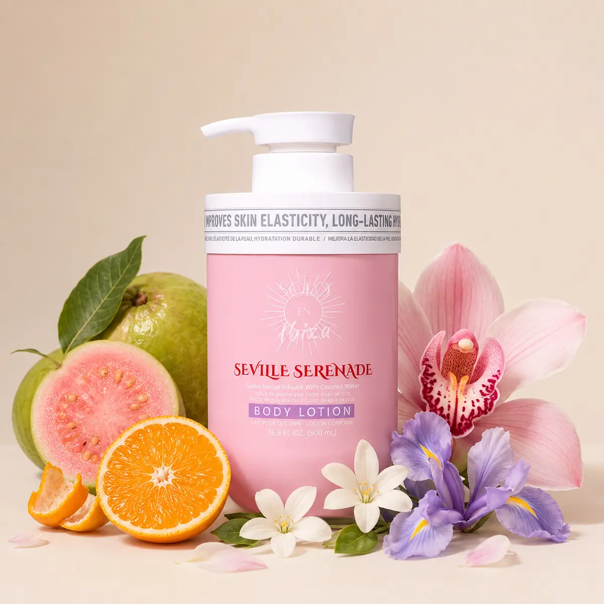 SOLO EN IBIZA Seville Serenade Body Lotion, Lightweight Hydrating Moisturizer with Coconut, Guava & Citrus, Gentle & Scented Formula, Vegan, Cruelty Free, Unisex, 16.9 oz, Body Care, Fragrance, Fruit, All Over Body