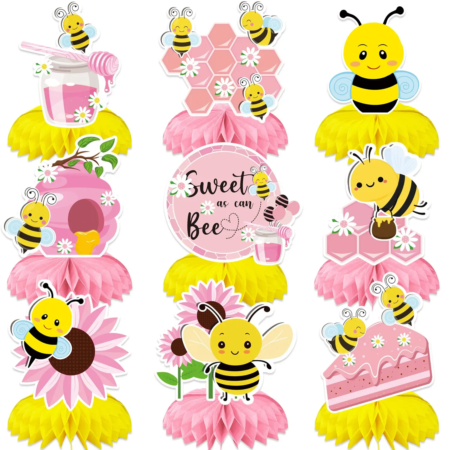 9Pcs Sweet As Can Bee Honeycomb Centerpieces Set, Pink & Yellow Bee Theme Party Decorations, Honey Bee Table Toppers For Baby Shower, 1st Birthday Party, Gender Reveal Supplies, Party Event Props, Party Supply, Home Party Decorations