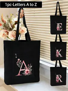 pink Initials A-Z Letter Pattern Capacity Shoulder Tote Shopping Bag,letter Print Shopper Bag School Bag,Canvas Tote Bag, Shopping Bag, Party Bag, Wedding Birthday Party Favor Bag, Craft Han