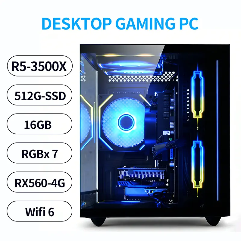 Suevery High Performance Desktop - Prebuilt Gaming Computer Desktop, AMD R5 3500X, 16GB RAM, 512GB SSD, RX560 Graphics, RGB Tower, WiFi 6, HDMI/DP, Fast Speeds Towers for Work/Gaming