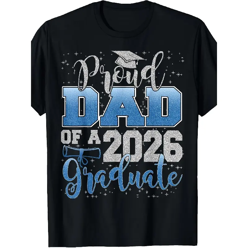 Men's Short-Sleeve Round Neck Vintage Graphic T-Shirt - Proud Dad of 2026 Graduate Senior Graduation Tee, Comfortable All-Season Casual Streetwear for Everyday & Outdoor Activities, Graphic Tees
