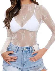 Buauty Women's Mesh Top Long Sleeve Lace Sheer Mock Neck Black Top for Stylish Outfits All Seasons Pull On Closure Mesh Materialnfr outfits 2025 stylish lady fashion Slim Fit Lace Long Sleeve Crop Top See-Through Lace Top Halter Embroidered Fringe Beach
