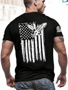 Men's American Flag Print Round Neck Tee, Regular Fit Casual Eagle Graphic Short Sleeve T-Shirt for Summer, Men's Top for Daily Wear
