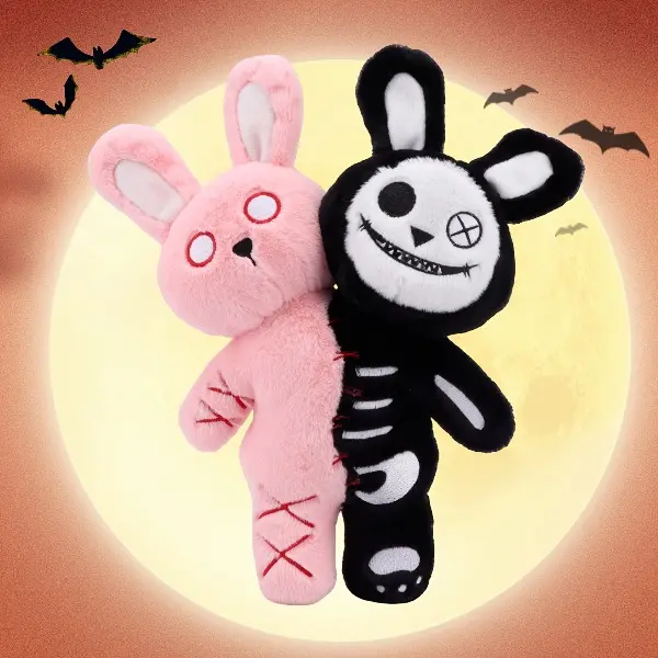 30cm Split Half Skeleton Bunny Plush Toy - Gothic Pink Black Stitched Rabbit Stuffed Doll, Creepy Halloween Plushie Gift for Emo Fans, Home Decor Item (Gothic Bunny Plush Stuffed Toys)