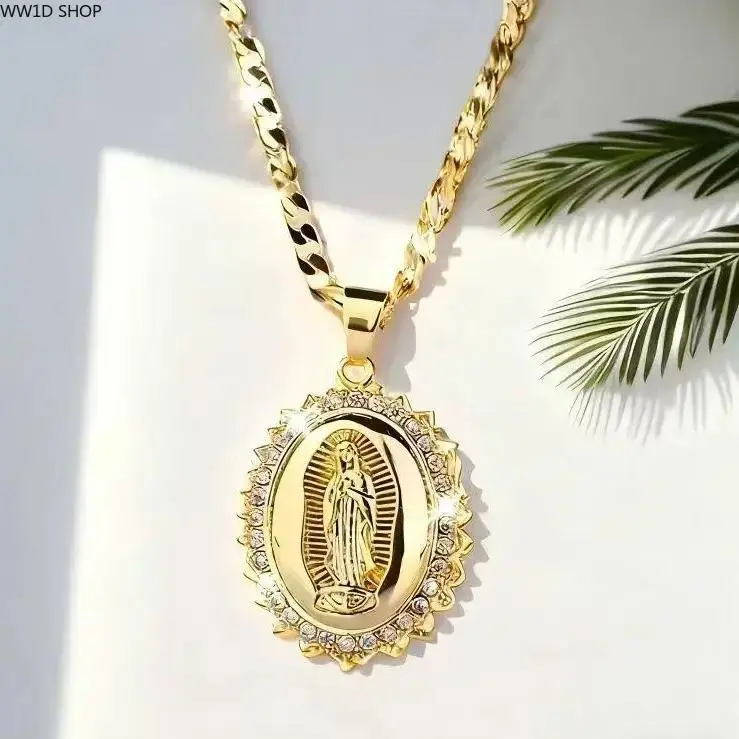 14K Gold Plated Virgin of Guadalupe Pendant Necklace with Cubic Zirconia Religious Faith Jewelry Durable Chain for Daily Wear Parties and Special Occasions