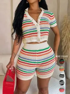 Women's Colorblock Striped Print Button Front Crop Cardigan & High Waist Shorts Sweater Co-ord Set, Casual Short Sleeve Collared Top & Skinny Shorts for Summer