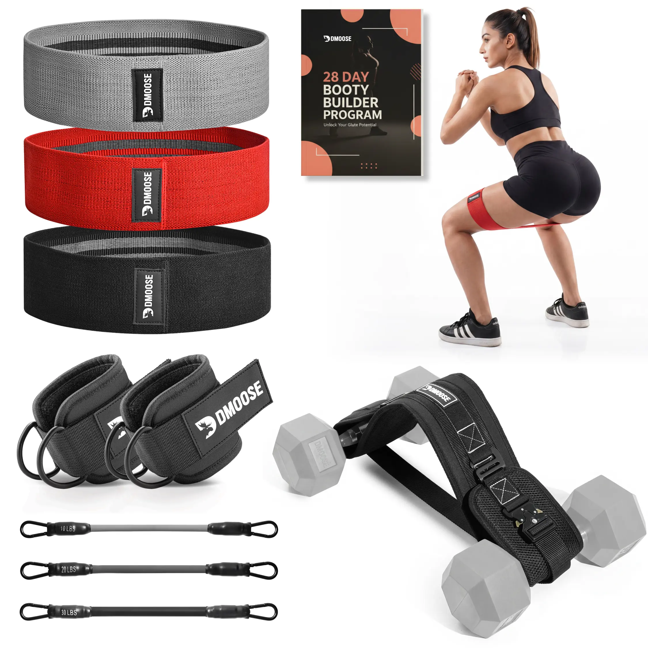 Booty Building Bundle for Women , Hip Thrust Belt + 3 Booty Bands + Ankle Straps + Free 28-Day Workout Plan , Home & Gym Glute Trainer Set