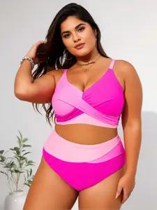 Plus Size Pink Color Block 2 Piece Bikini Set, Twist Front High Waist Tummy Control Swimwear for Women, Color Block Twist Front High Waist Swimwear for Beach