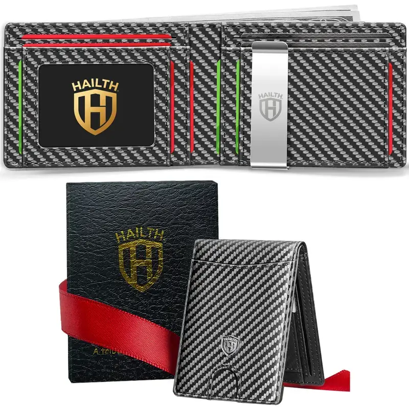 2026 Men's Minimalist Slim RFID Blocking Leather Bifold Wallet, Carbon Fiber Front Pocket Credit Card Holder with ID Window, Cash Slot & Money Clip, Gift Box Included for Father’s Day Birthday Gifts outdoor fun wallets for men BackToSchool