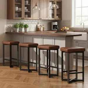 Garvee 24" Tall Bar Stools Set of 4 with Footrest, Counter Backless Barstools, Upholstered PU Leather Seats with Metal X-Frame, Modern Kitchen Stools for Home Bar, Island, Dining Room, Brown