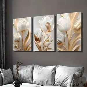3 pieces/set, modern relief floral posters, gold foil, white flowers, canvas, minimalism, luxury, decorative paintings, living room, hallway, bedroom background decoration, frameless painting, Modern Home Decor
